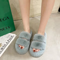 Fuzzy women's house slippers with faux fur upper and rubber sole, 3.5cm thick, in black beige khaki light blue or orange.