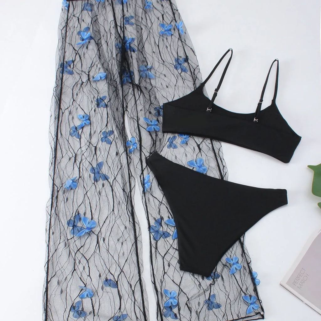 Black voile butterfly pattern women's bikini three-piece set with sheer polyester fabric
