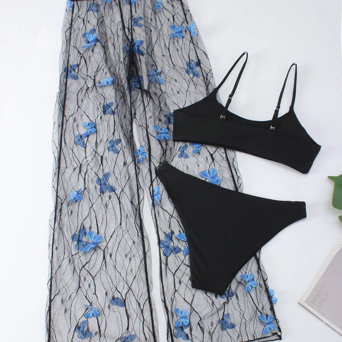 Black voile butterfly pattern women's bikini three-piece set with sheer polyester fabric