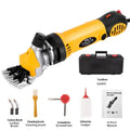 Yellow electric wool shearing handpiece with 110V plug, multiple steel blades, and maintenance tools in a plastic box.