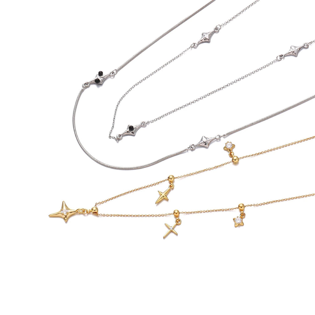 Gold star pendant necklace with brass chain, zircon and natural stone, 41-50cm regular chain for women
