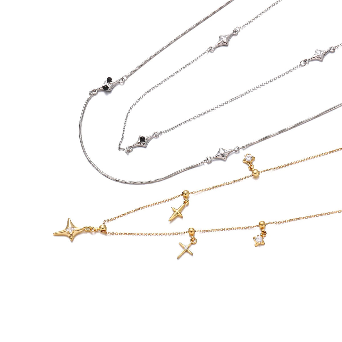 Gold star pendant necklace with brass chain, zircon and natural stone, 41-50cm regular chain for women