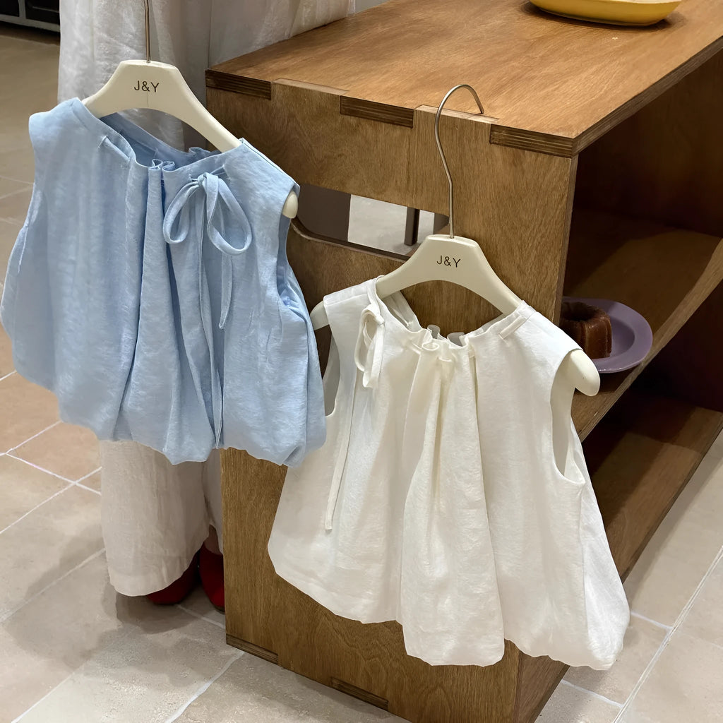 Girls sleeveless cotton shirt in milky white with drawstring neckline, Korean style summer top.