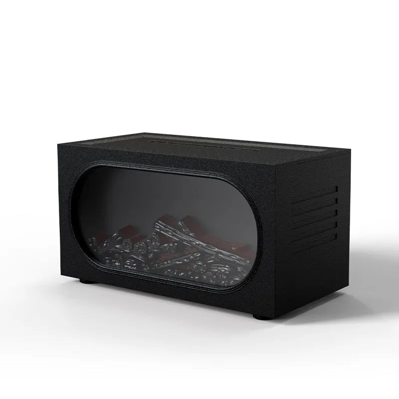 Black desktop fireplace aroma diffuser with colourful simulation flame, showing water tank and controls