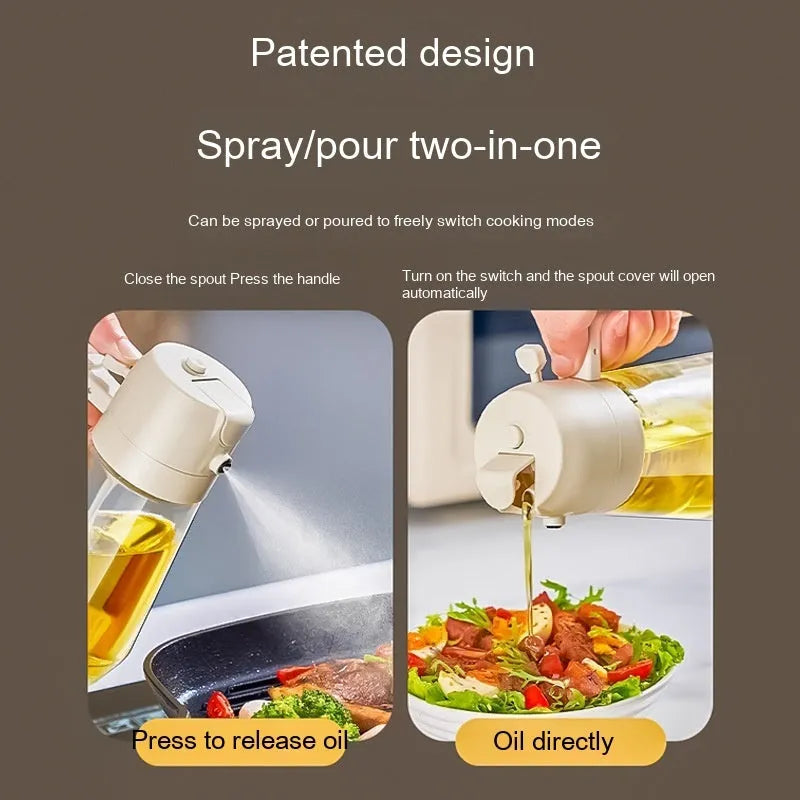 Glass olive oil sprayer dispenser with 470ml capacity and dual spray/pour function
