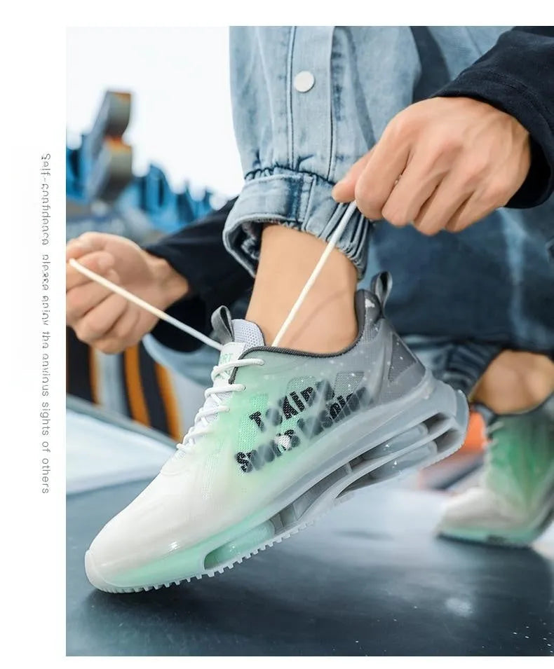 Men's grey green platform sneaker with mesh upper and rubber sole on a white background.
