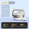 Beige wireless in-ear Bluetooth headphones with a compact white charging case on a table