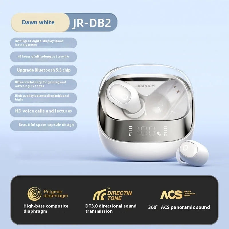 Beige wireless in-ear Bluetooth headphones with a compact white charging case on a table