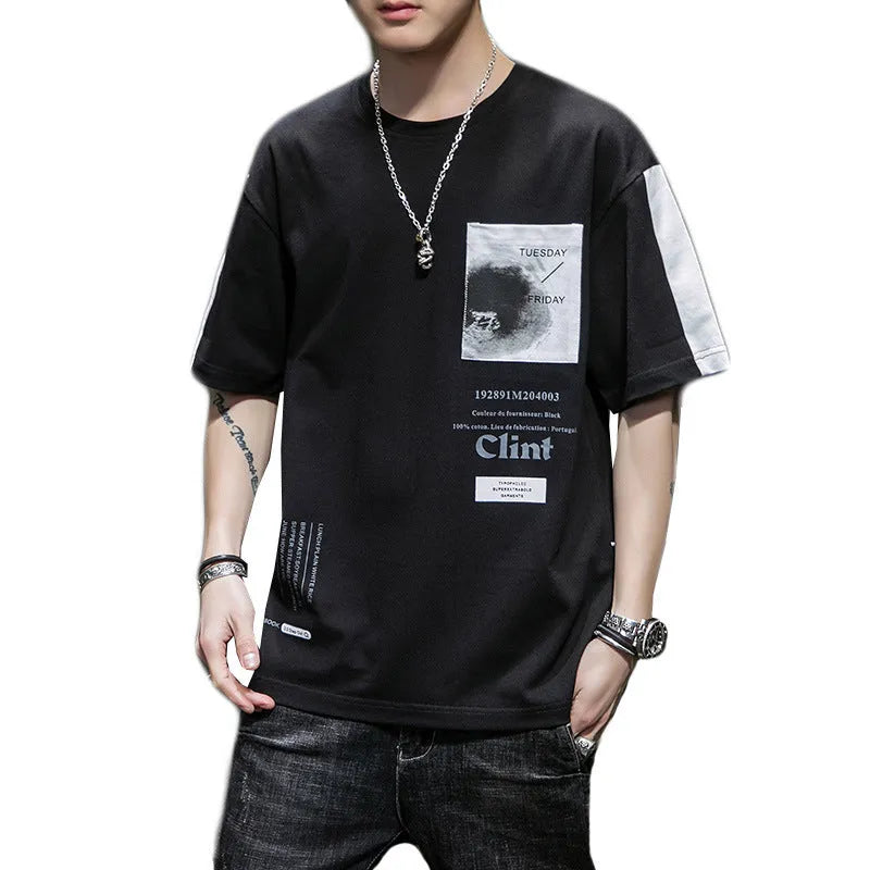 Men's cotton loose round neck T-shirt with letter print, half sleeve, black/white colour option