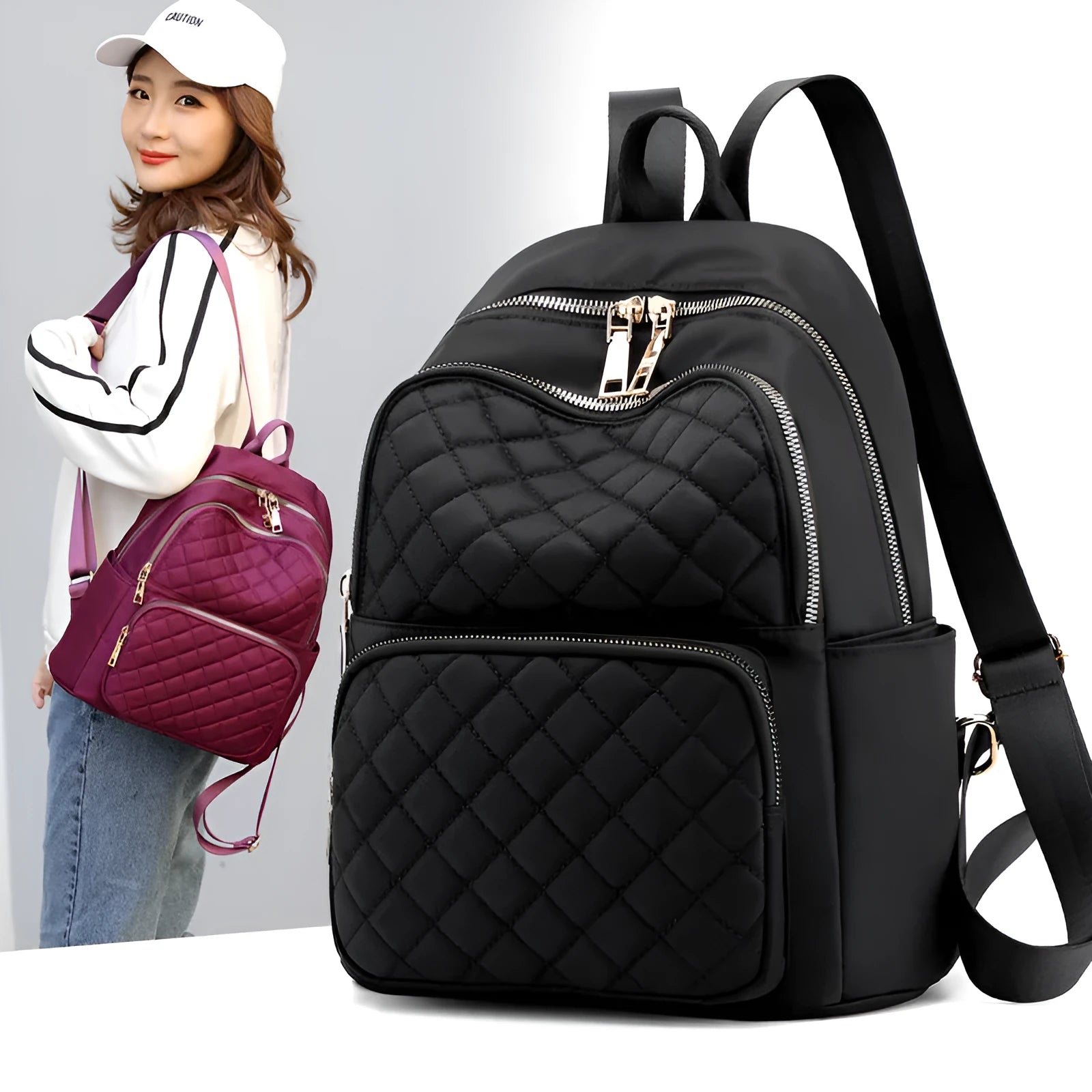 Women nylon embossing casual backpack with zipper closure and soft handle in black