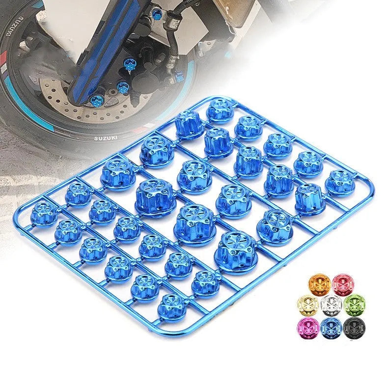 Set of 30 coloured ABS plastic screw caps for motorcycle engine bay customisation