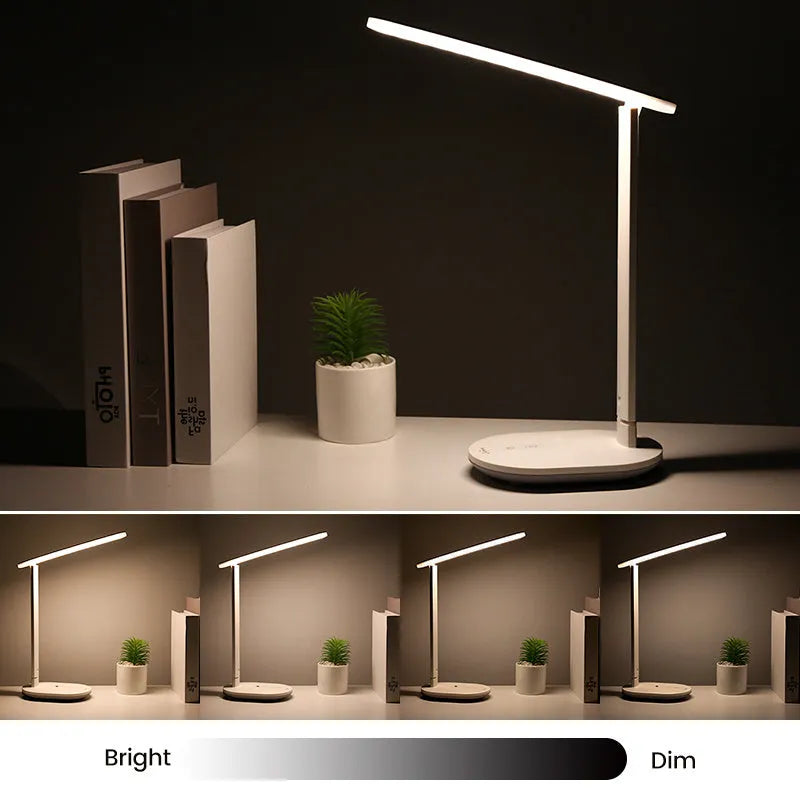 White LED charging table lamp with touch switch and ABS shade on a desk
