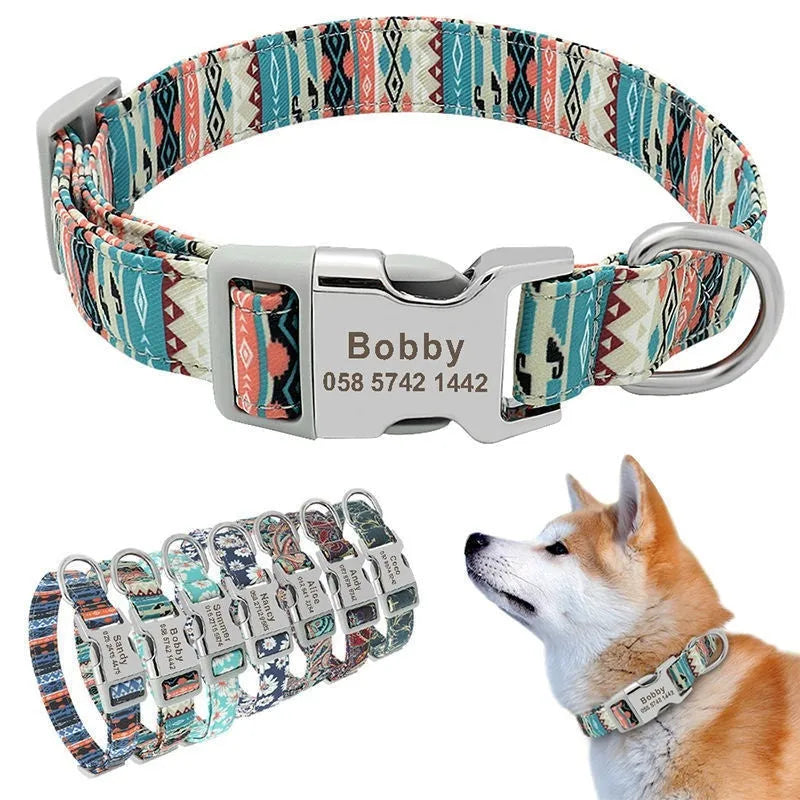 Canvas dog collar with striped bohemian pattern and adjustable semi-metal buckle for medium large dogs