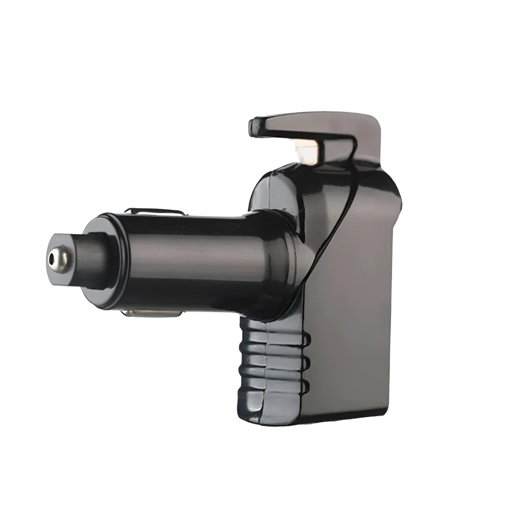 Car safety hammer with window breaker tip and seat belt cutter in black