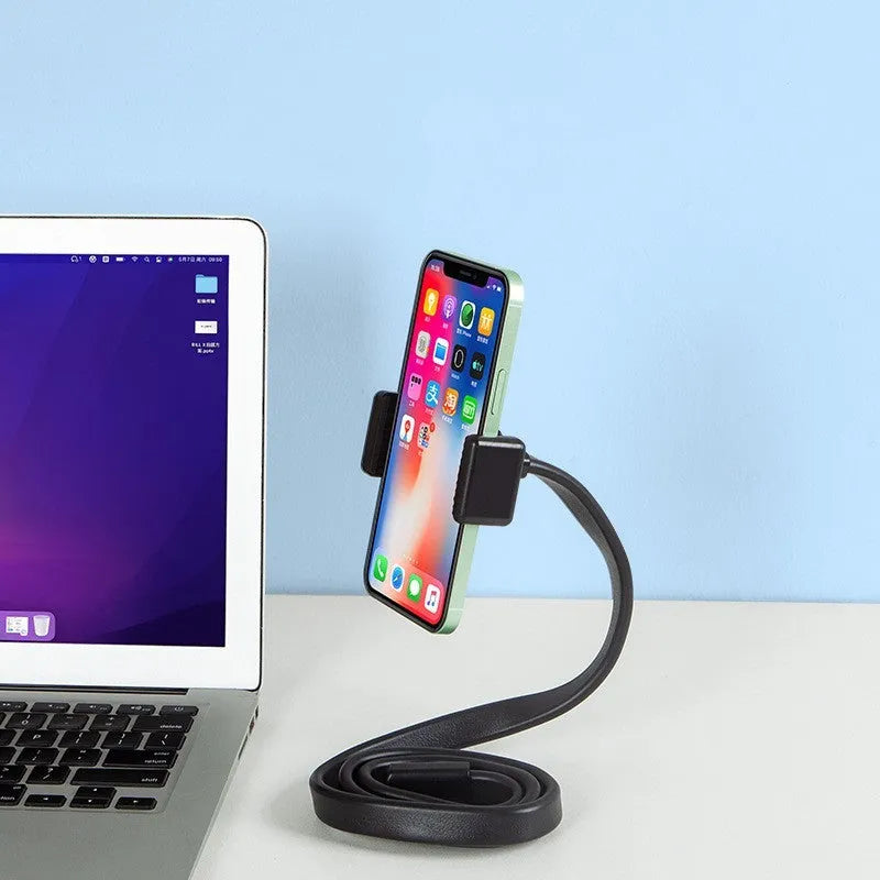 Black flexible silicone hose phone holder with aluminium and ABS parts and a double-hole mobile phone clip.