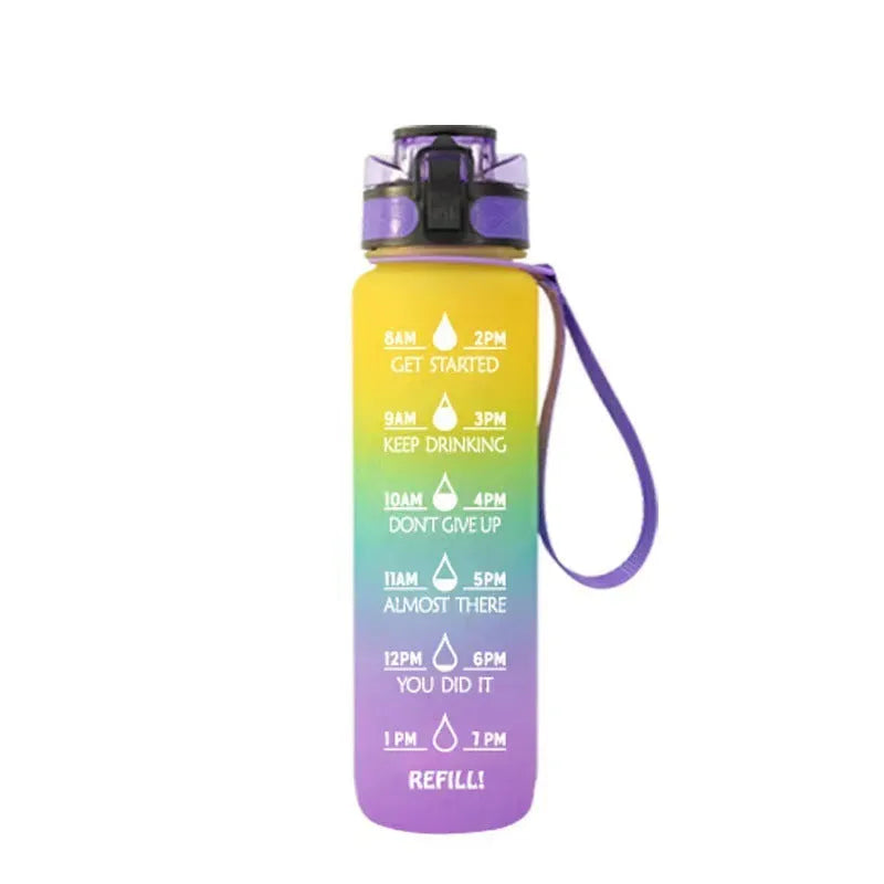Transparent 1000ml plastic water bottle showing clear Tritan construction with visible liquid