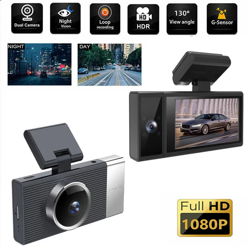 Wi-Fi driving recorder dash cam with 3-inch screen, shown with mobile app connection and multiple lens configuration options