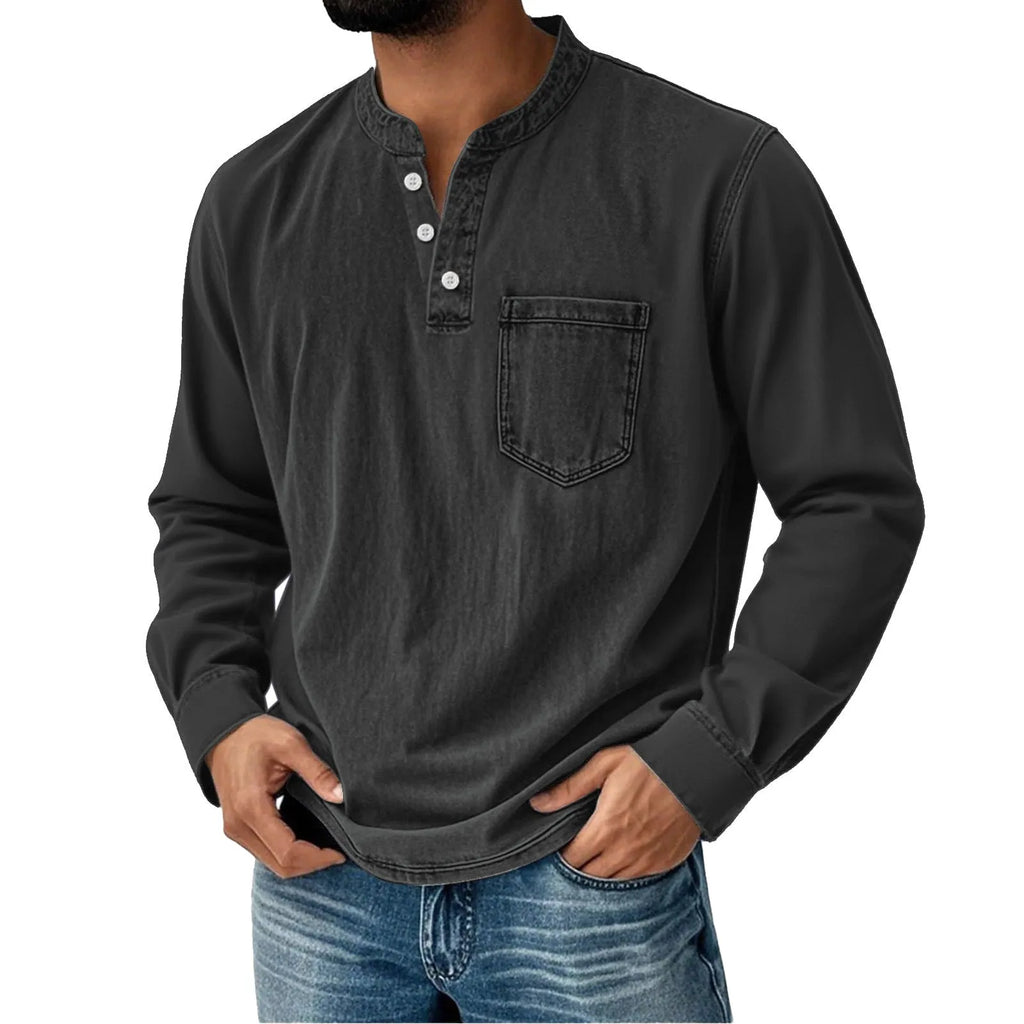 Printed three-button long-sleeve T-shirt for young men, slim fit polyester casual top, sizes XS to 5XL