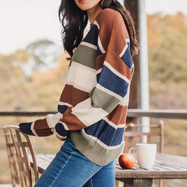 Brown contrast colour knitted sweater female loose fit long sleeve pullover top