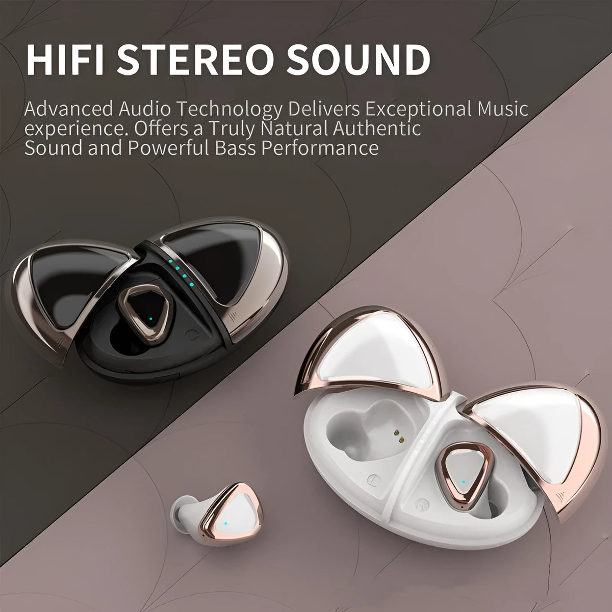 True wireless Bluetooth headset in Champagne White with breathing light and earplug design