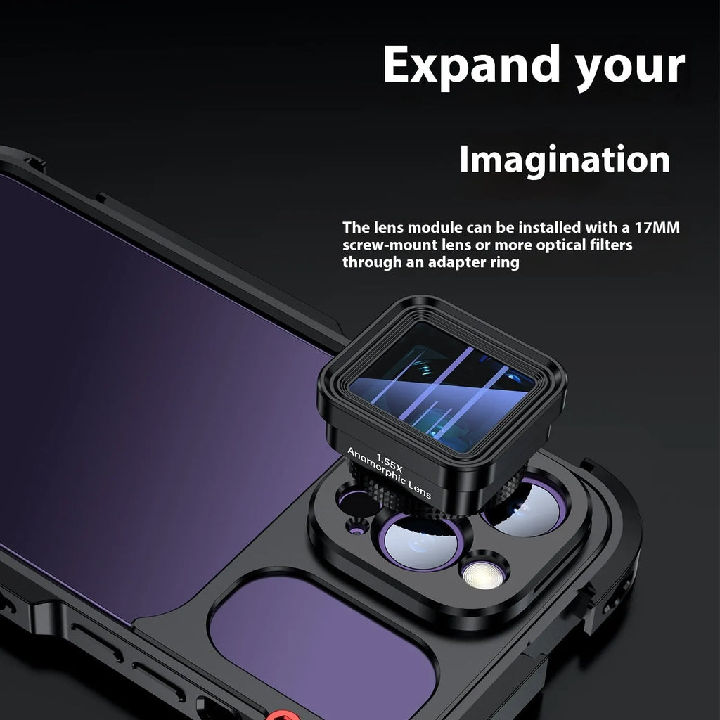 Aluminium alloy camera cage for iPhone Pro models with external filter, fill light, tripod and microphone mounts