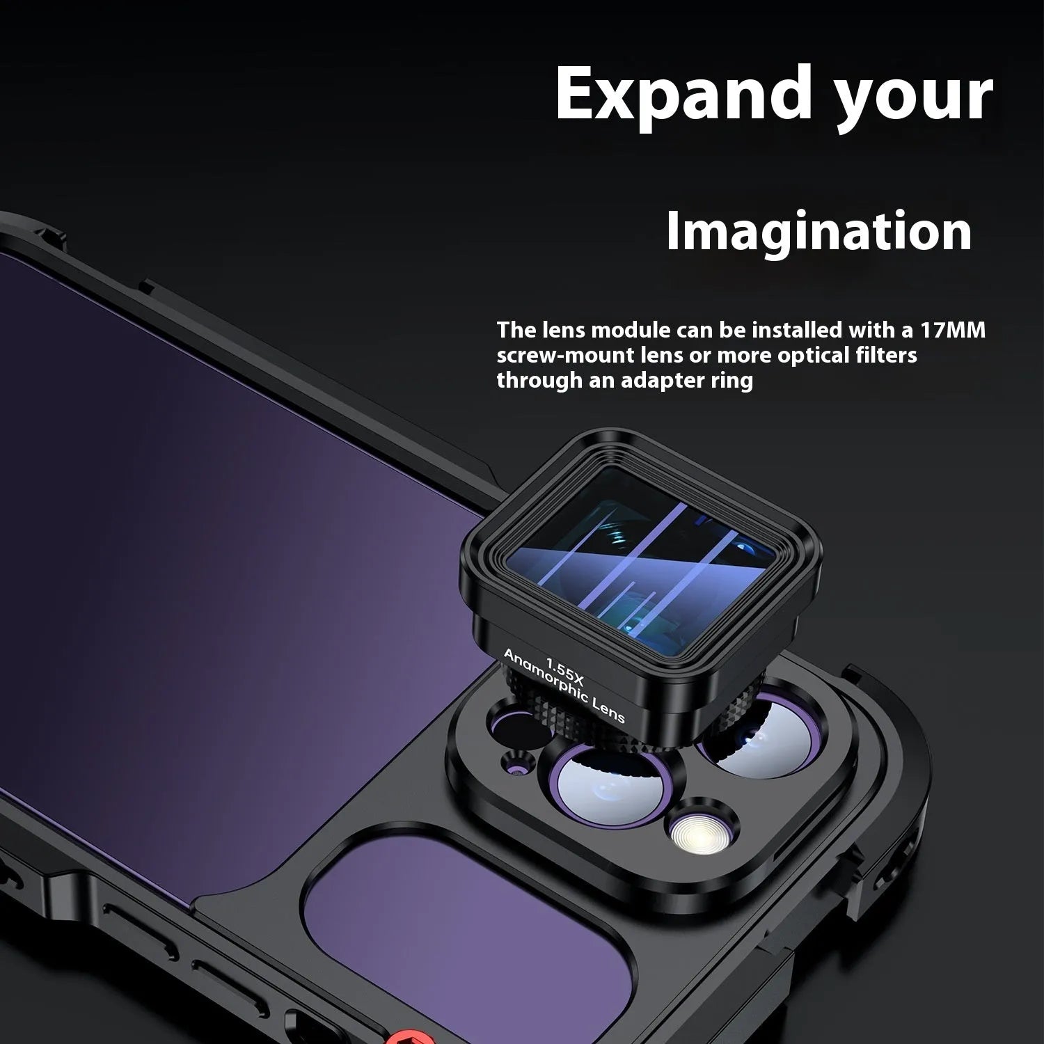 Aluminium alloy camera cage for iPhone Pro models with external filter, fill light, tripod and microphone mounts