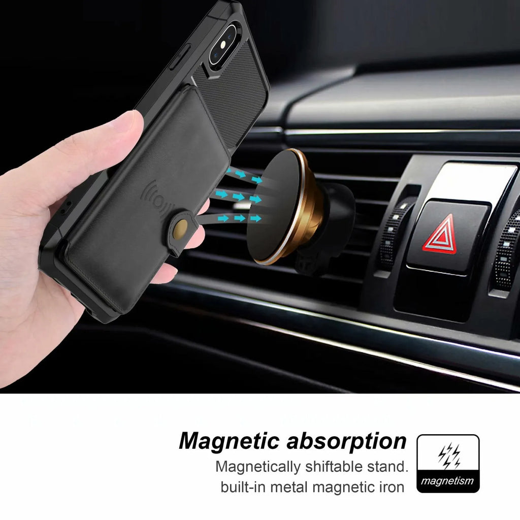 Magnetic PU leather car protection cover with kickstand for iPhone and Samsung in black colour
