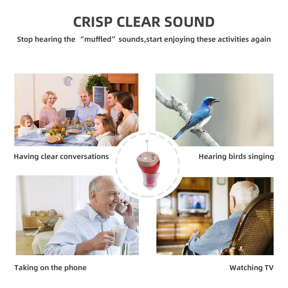 Rechargeable hearing amplifier in beige skin-coloured design with portable charging case and accessories