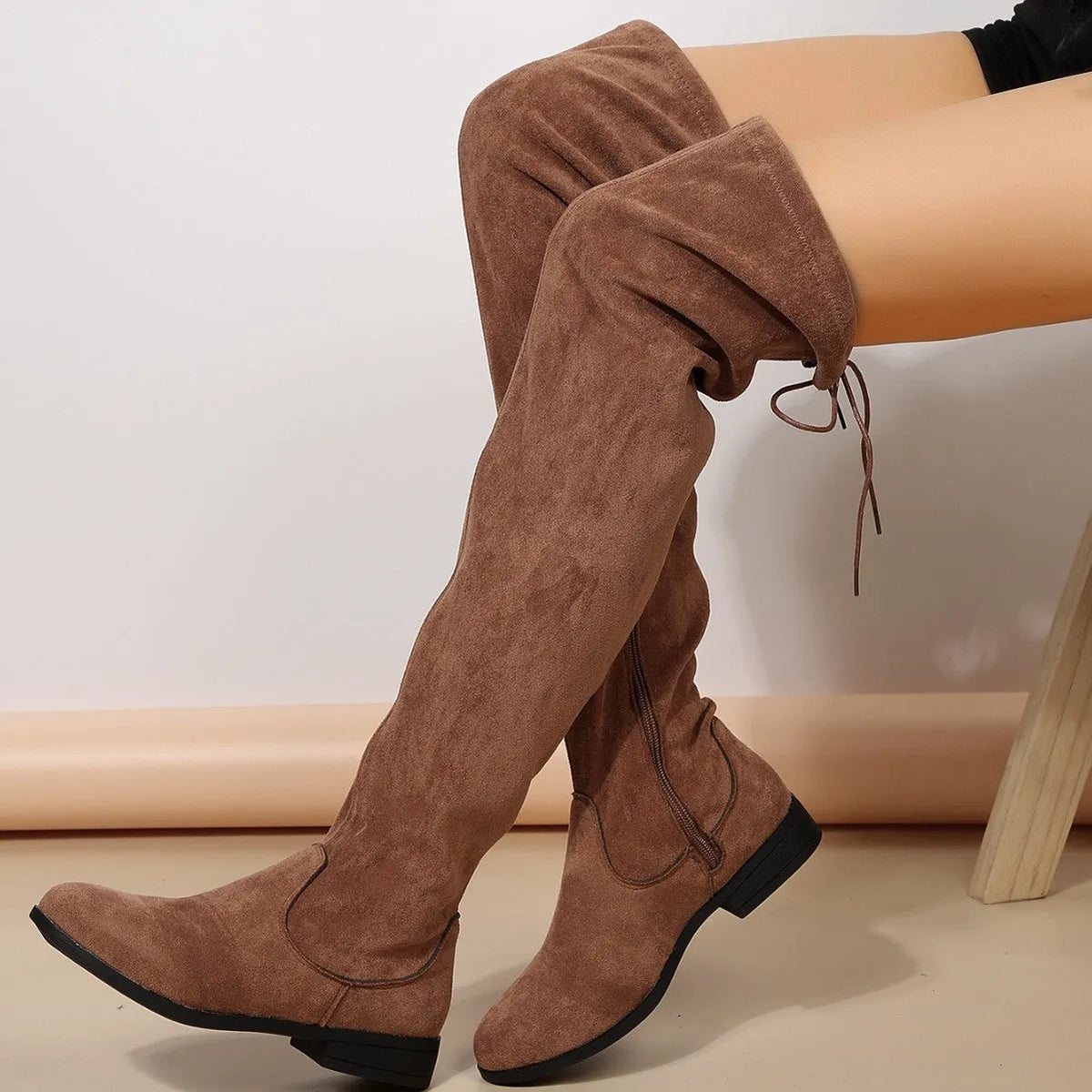 Black and brown plus size over-the-knee suede Martin boots with low 1-3cm heel, round toe and rubber sole, sizes 36-43
