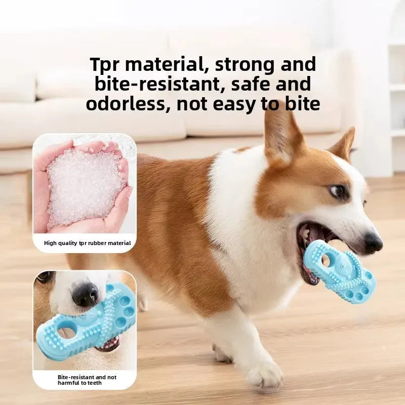 Durable rubber dog chewing toy in slipper shape, blue colour, on light background
