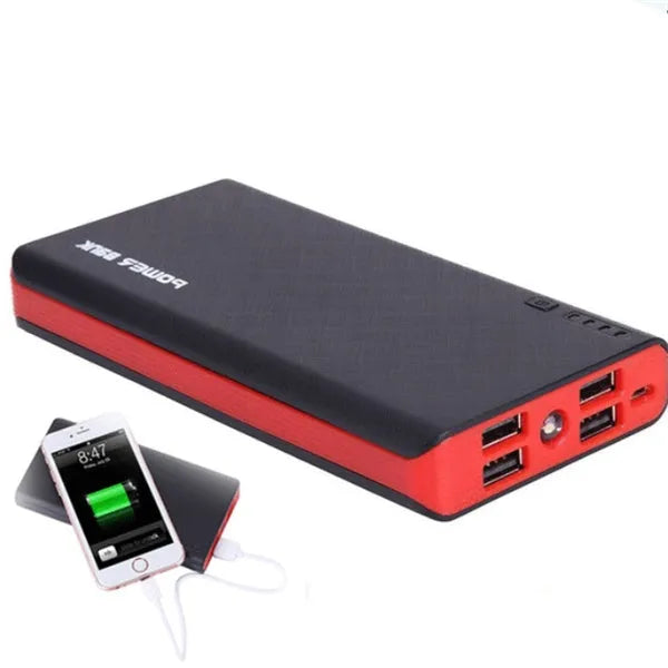 Blue coloured 20000mAh portable power bank with two USB output ports on a wooden surface.