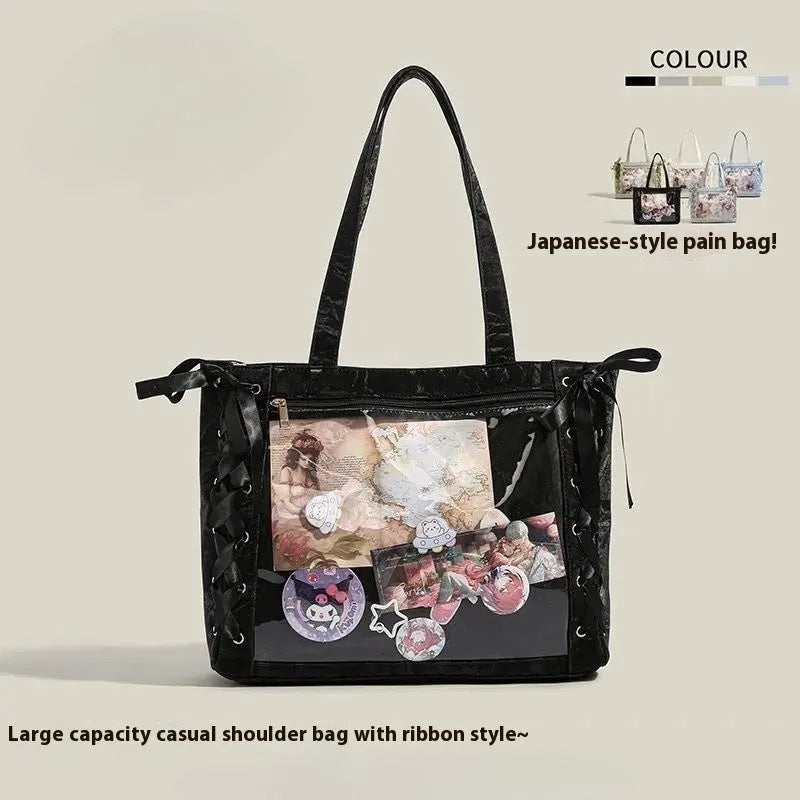 Transparent large capacity PU tote bag with double straps and zip pocket, shown in multiple colours.
