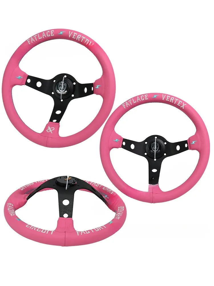 Pink leather steering wheel cover with embroidery, showing aluminium bracket