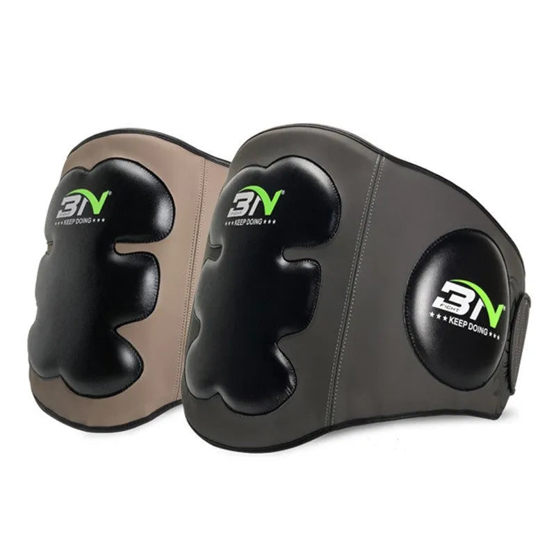 Dark grey Sanda boxing chest protection target for waist safety during martial arts training.