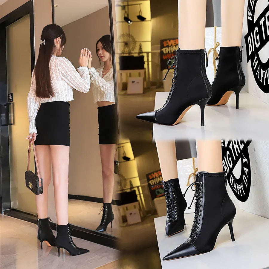 Black women's stiletto heel boots with pointed toe, back zipper, and 6-8CM heel