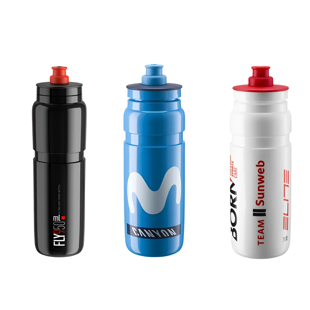 Plastic cycling water bottle with push-type cap in Ineos and Movistar colours, 550ml and 750ml sizes