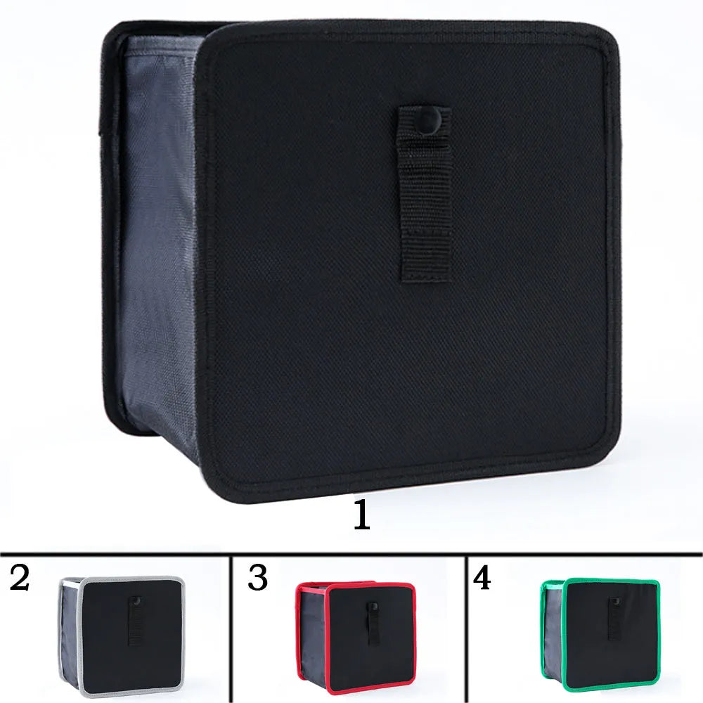 Foldable Oxford car wastebasket 22x22x15cm hanging from car seat with snap closures