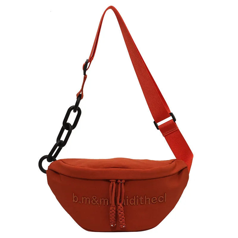 Women's soft nylon shoulder bag with embroidery letter and chain detail, Urban Simplicity style, available in multiple colours