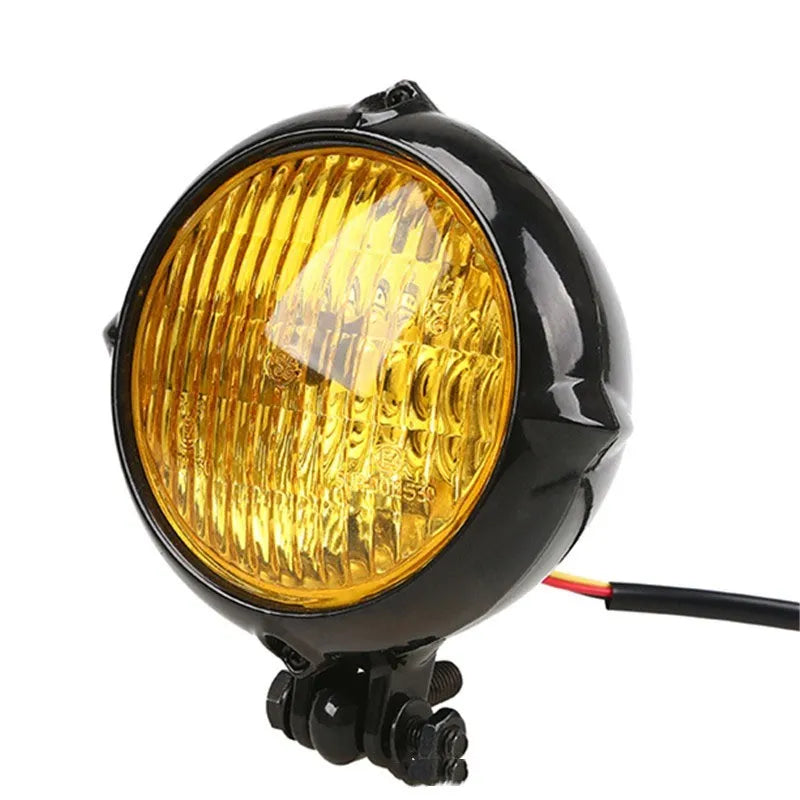 Retro black aluminium Harley headlight with glass lens for electric cars.
