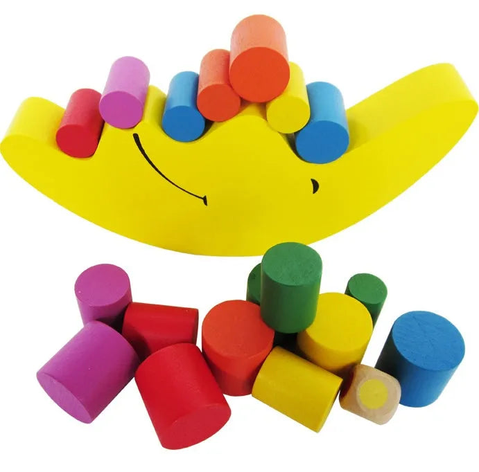 Yellow and blue wooden Moon Balance game toy for children aged 2-4 years.