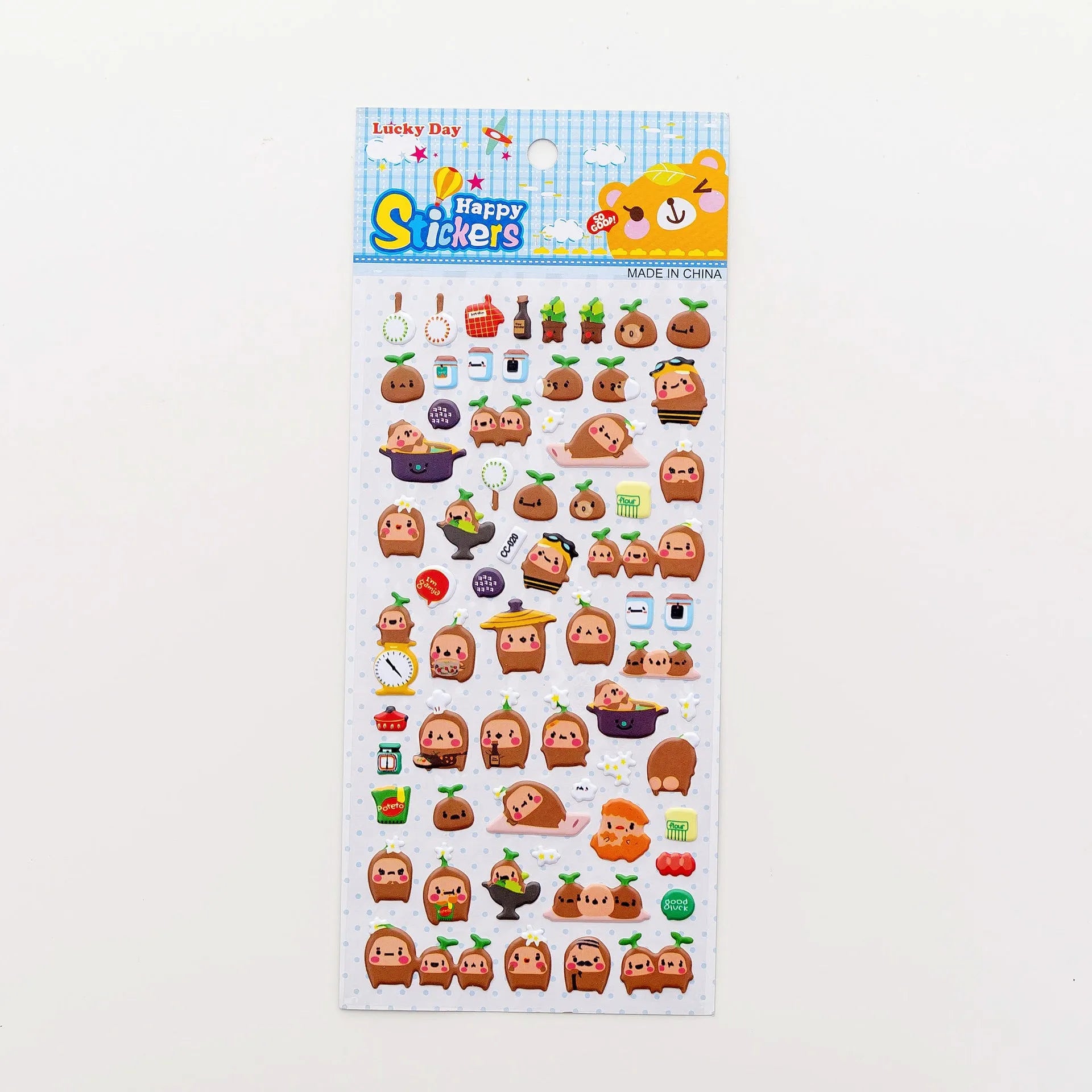 Pack of colourful 3D bubble stickers showing raised cartoon designs of an alpaca, cat, dinosaur, and sweetheart motifs.