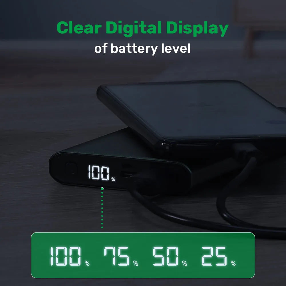 Silver 10,000 mAh fast charging power bank with digital display and metal shell on white background