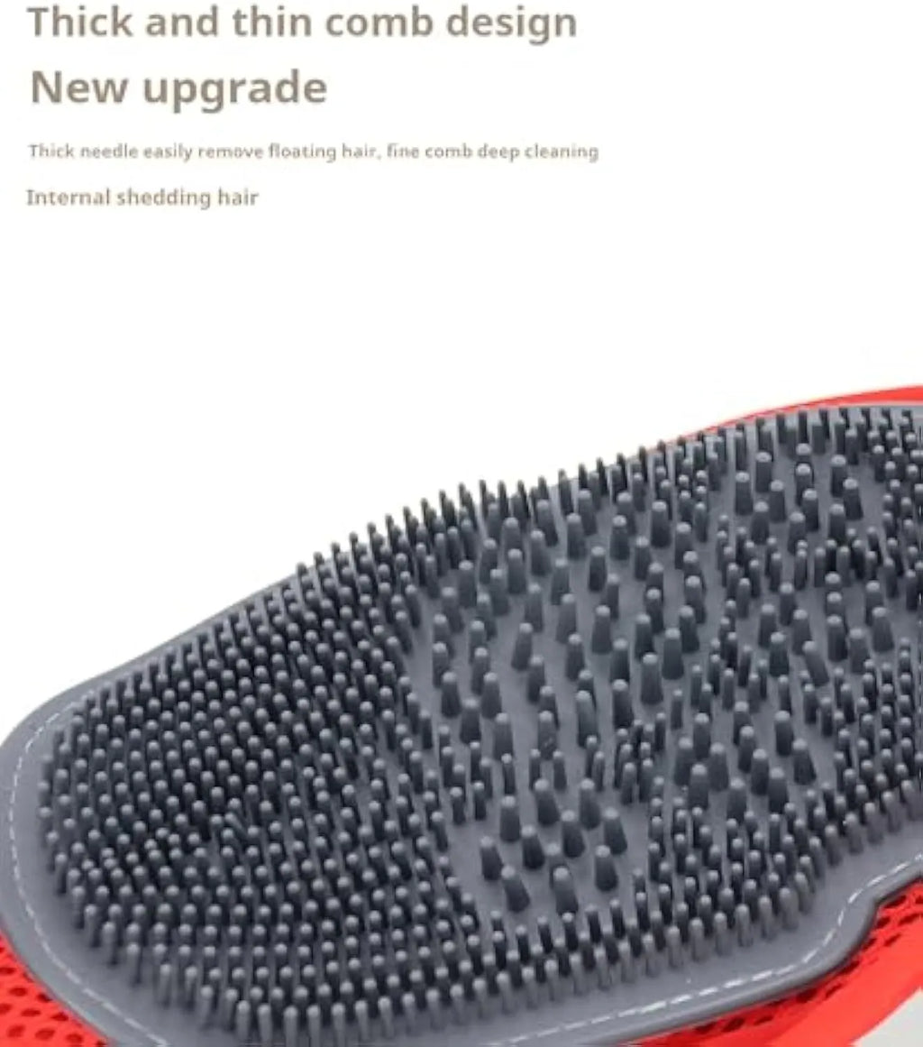 Red pet bathing glove with built-in brush for washing and hair removal