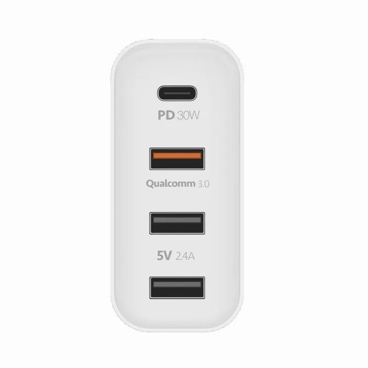 Black 48W USB-C wall charger with four Type-C ports and a UK 3-pin plug on a white background.