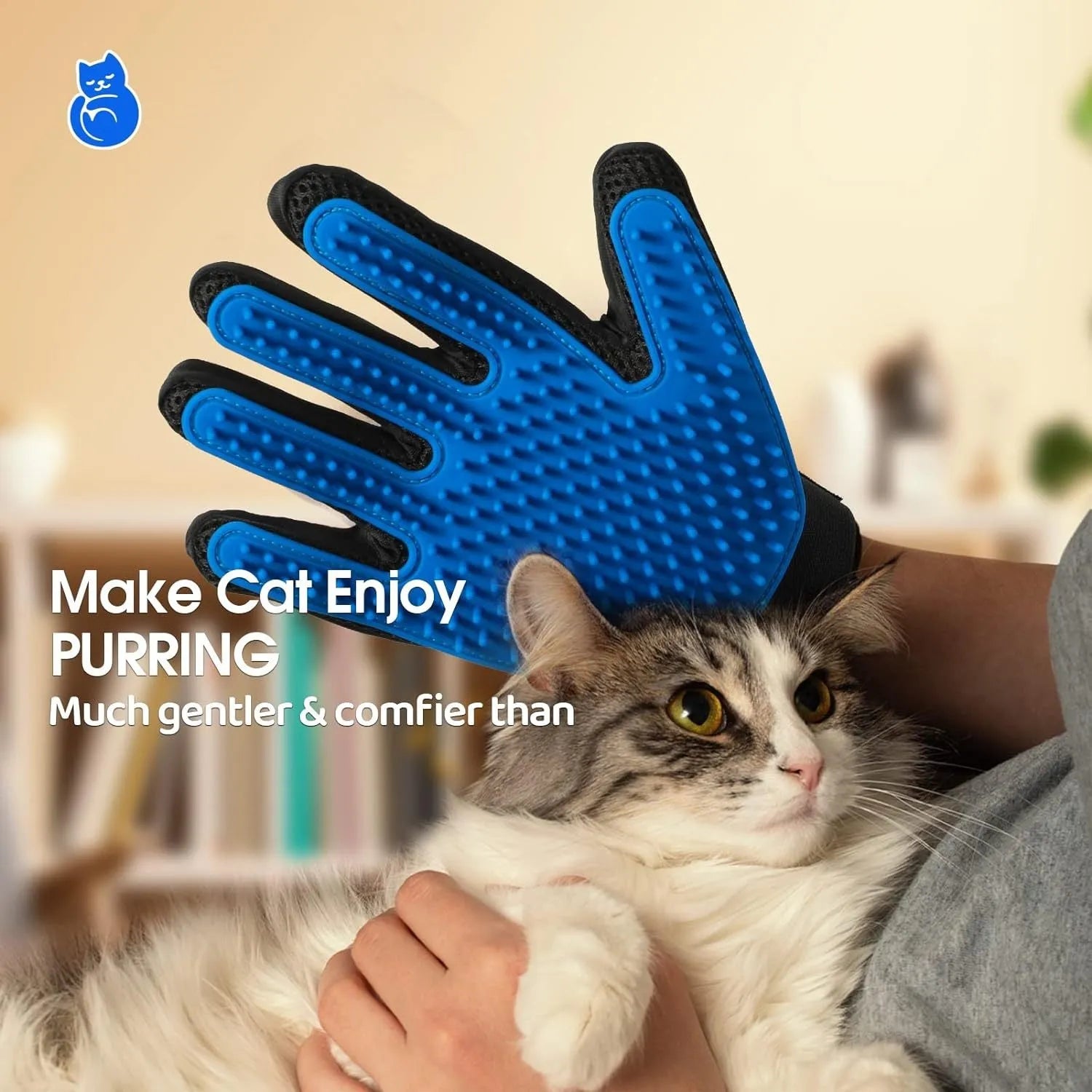 Blue pet grooming gloves with silicone massage tips for dogs cats horses hair removal