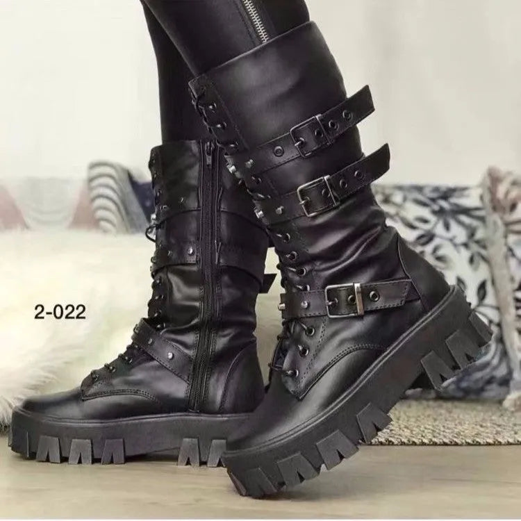 Black women's mid-calf knight boots with a metal buckle and side zip on a white background.