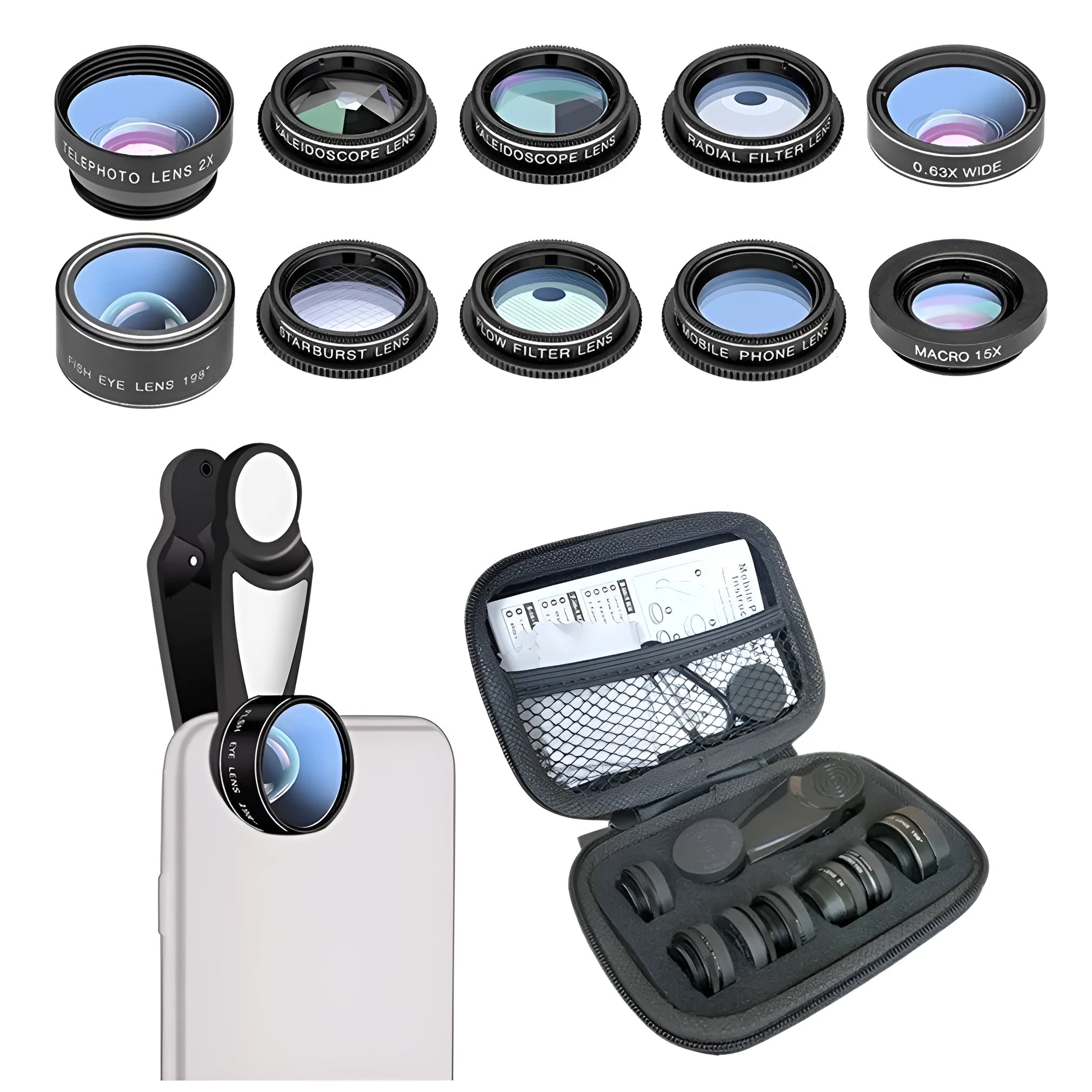 Black ten-in-one smartphone fisheye lens set with aluminium-magnesium alloy frame
