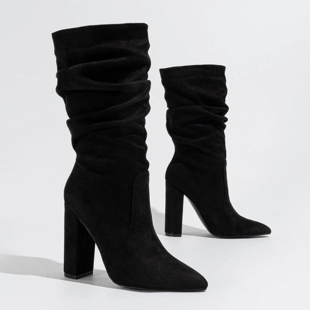 Women's black suede chunky heel pointed-toe boots with a high shaft