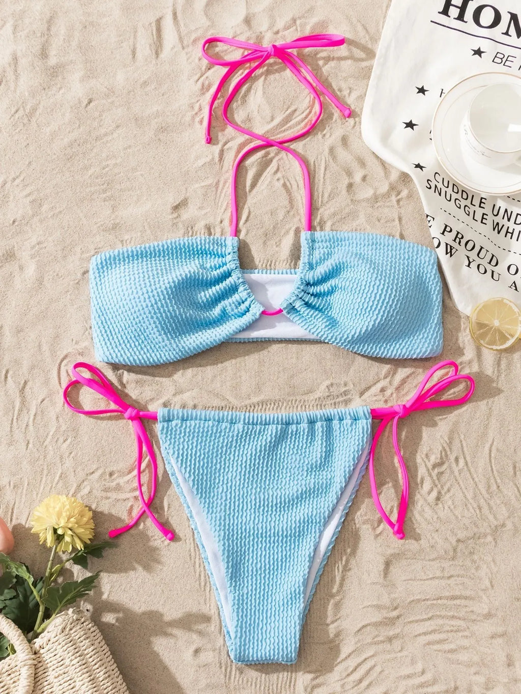 Women's solid colour halter lace-up separated swimsuit with backless design and briefs style bottom
