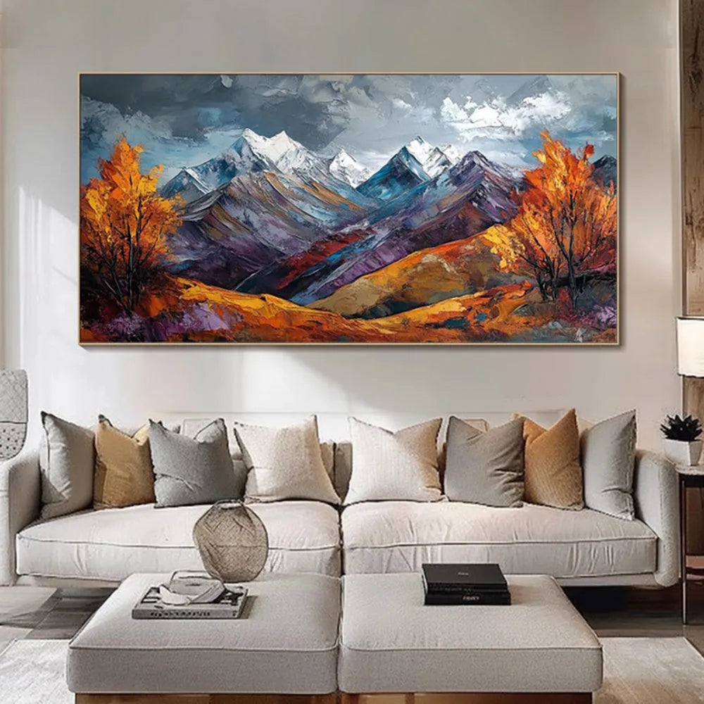 Handmade oil painting on canvas of a snow mountain and autumn scenery, frameless and rolled for home wall decor